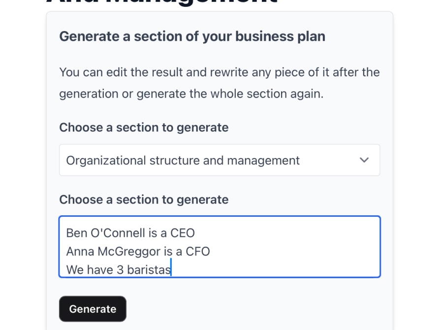 Business plan generator editor